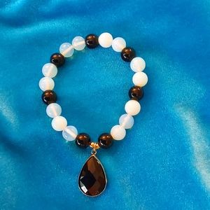 Bracelet Black and Composite Moonstone Beads Faceted Black Teardrop Dangle